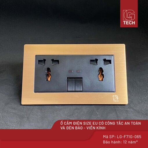 Ổ cắm điện size EU có công tắc an toàn và đèn báo, viền vàng nhân đen LG Tech mã LG-F71G-065 1