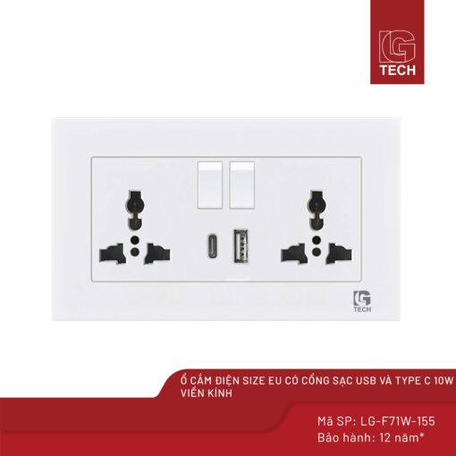 Ổ cắm size EU có cổng sạc USB và Type C 10W, viền kính màu trắng LG Tech mã LG-F71W-155 1