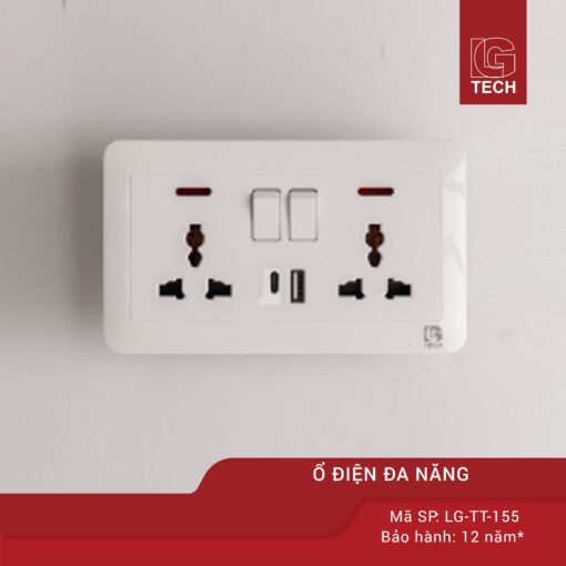 Ổ cắm điện size EU cổng USB, Type C 10W, chuẩn vuông, màu trắng LG Tech mã LG-TT-155 1