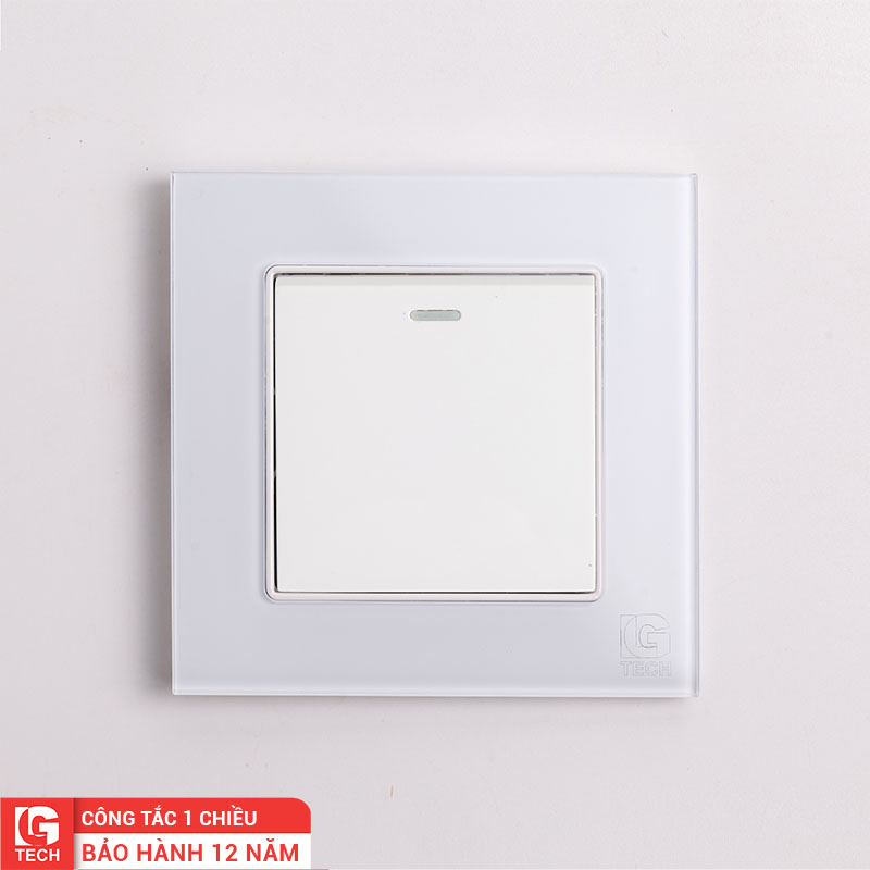 Công tắc điện đơn, 1 chiều, chuẩn vuông, viền kính màu trắng LG Tech mã LG-F71W-001