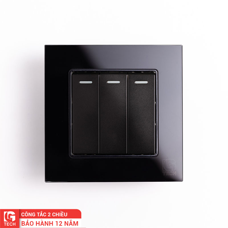 Công tắc điện 3 nút, viền kính màu đen 2 chiều LG Tech mã LG-F71B-003N