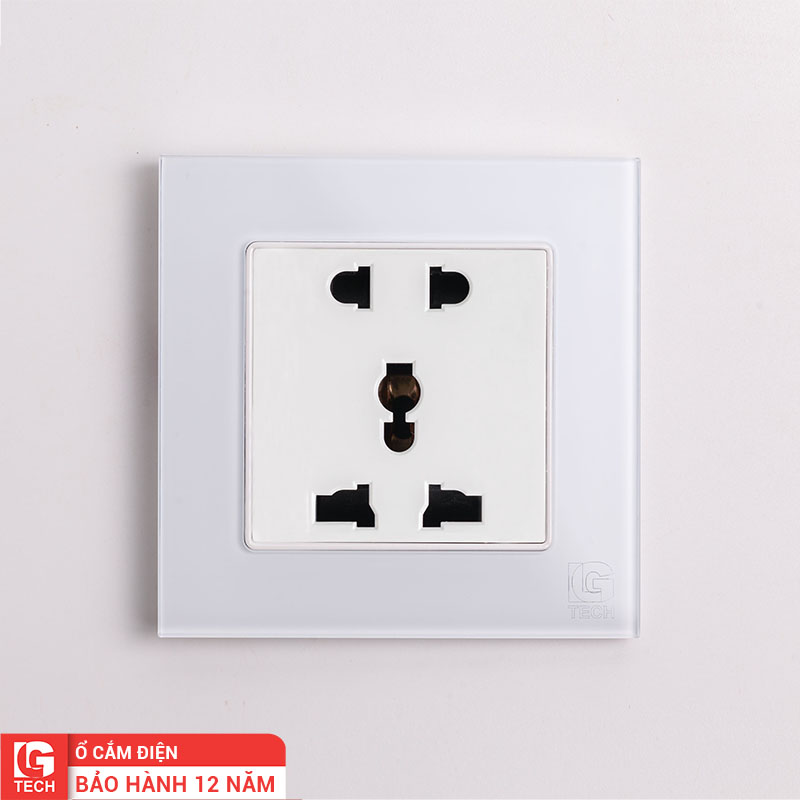 Ổ cắm điện 5 chấu, chuẩn vuông, viền kính màu trắng LG Tech mã LG-F71W-018