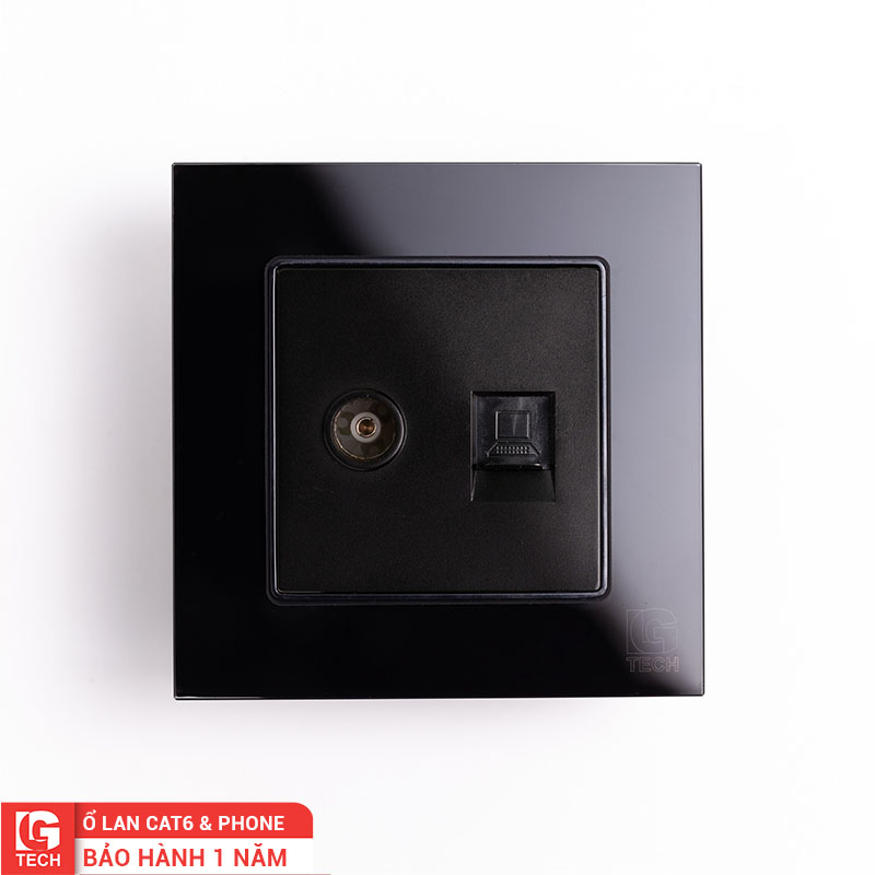 Mặt điện LAN CAT6 và 1 cổng truyền hình cáp âm tường, chuẩn vuông, viền kính màu đen LG Tech mã LG-F71B-034