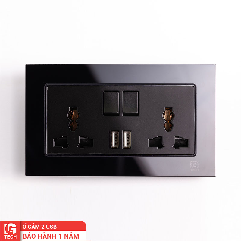Ổ điện đa năng 2 ổ cắm, 2 cổng USB, viền kính màu đen LG Tech LG-F71B-066