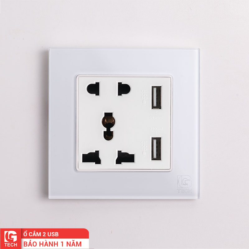 Ổ điện vuông 5 chấu kết hợp 2 cổng USB, viền kính màu trắng LG Tech mã LG-F71W-047