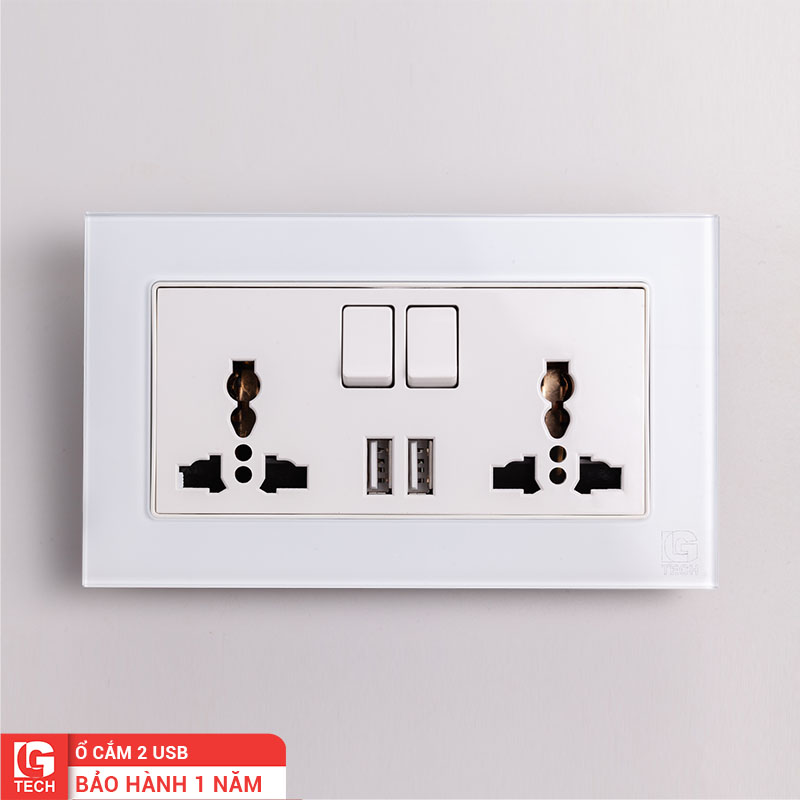 Ổ điện size EU gồm 2 ổ cắm và 2 USB sạc 5V, có công tắc an toàn, viền kính màu trắng LG Tech mã LG-F71W-066