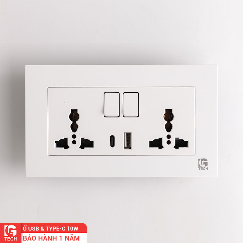 Ổ cắm điện size EU có cổng USB, Type C 10W, màu trắng LG Tech mã LG-F21-155