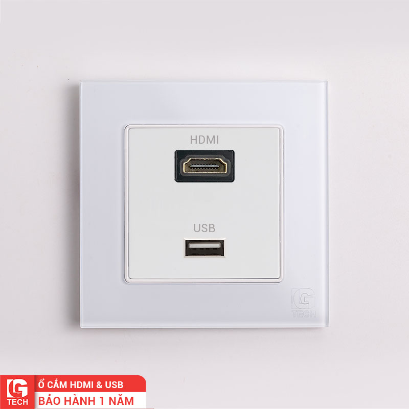 Mặt điện HDMI + USB, chuẩn vuông, viền kính màu trắng LG Tech mã LG-F71W-082