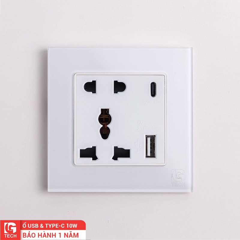 Ổ cắm điện 5 chấu, cổng sạc USB và Type C 10W, chuẩn vuông, viền kính màu trắng LG Tech mã LG-F71W-150