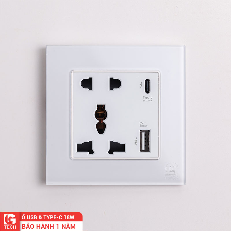 Ổ 5 chấu, cổng sạc USB và Type C 18W, chuẩn vuông, viền kính màu trắng LG Tech mã LG-F71W-150F