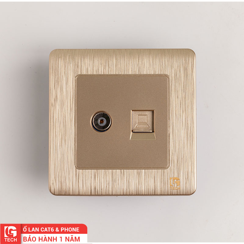 Mặt điện mạ vàng LAN CAT6 và 1 cổng truyền hình cáp âm tường, chuẩn vuông LG Tech mã LG-C60-055