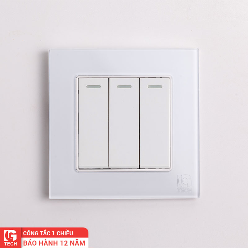 Công tắc điện ba, 1 chiều, chuẩn vuông, viền kính màu trắng LG Tech mã LG-F71W-003