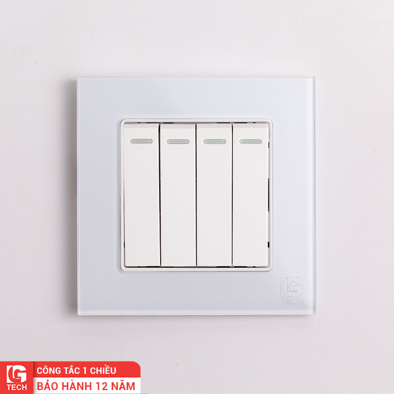 Công tắc điện bốn, 1 chiều, chuẩn vuông, viền kính màu trắng LG Tech mã LG-F71W-004
