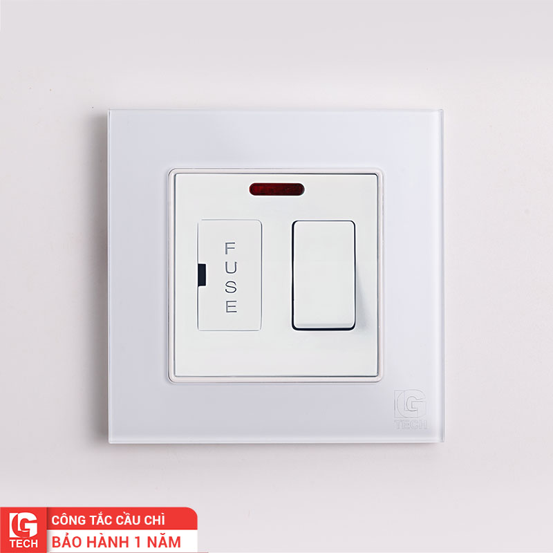 Công tắc cầu chì 2 cực an toàn, chuẩn vuông, viền kính màu trắng LG Tech mã LG-F71W-112