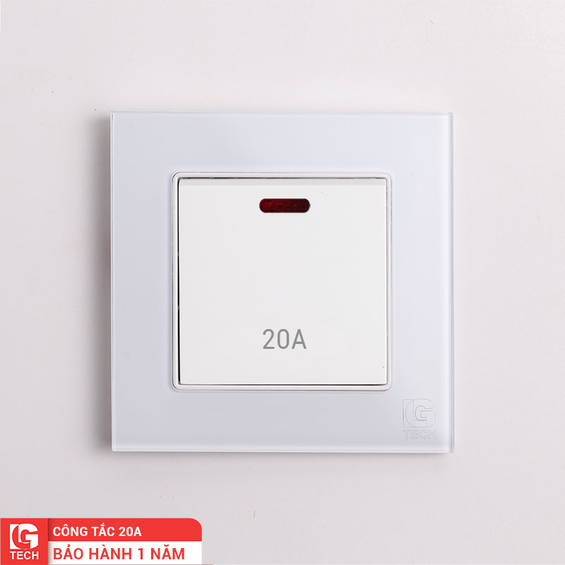 Công tắc điện 20A có đèn báo, chuẩn vuông, viền kính màu trắng LG Tech mã LG-F71W-024