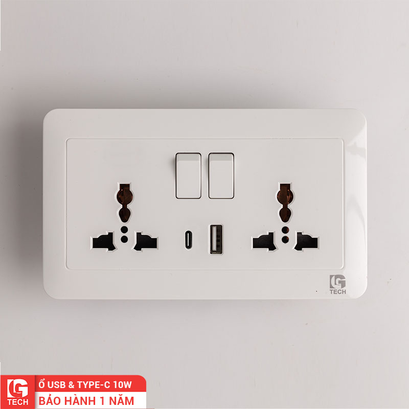 Ổ cắm điện size EU cổng USB, Type C 10W LG Tech mã LG-TT-155