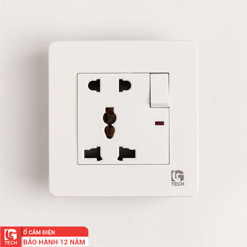 Ổ cắm điện 5 chấu có công tắc an toàn và đèn báo, tràn viền, chuẩn vuông, màu trắng LG Tech mã LG-AB-K1-119
