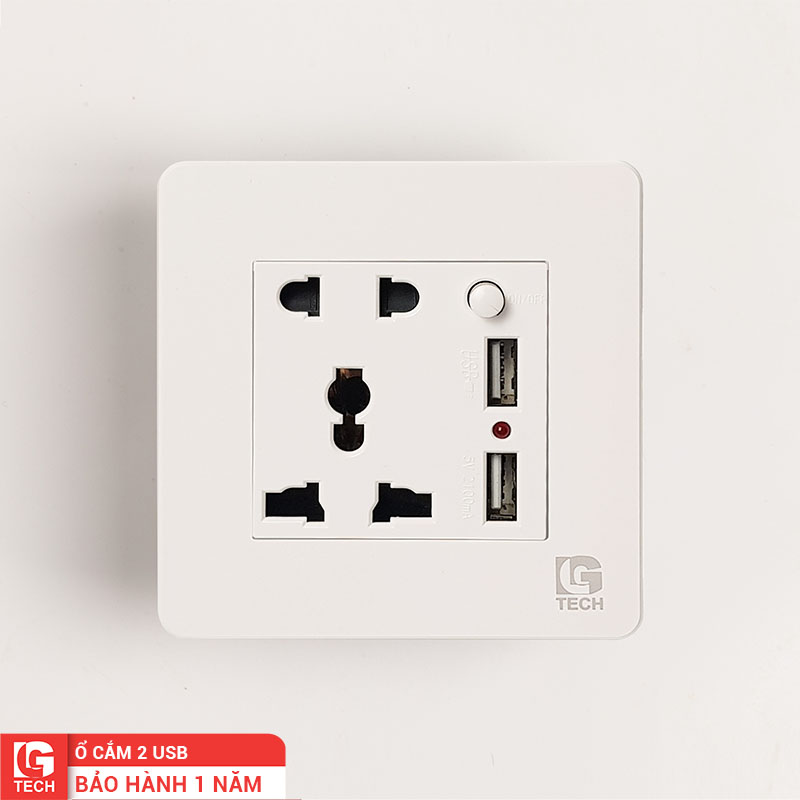 Ổ cắm điện 5 chấu tràn viền, có 2 cổng USB, chuẩn vuông, màu trắng LG Tech mã LG-AB-K1-073