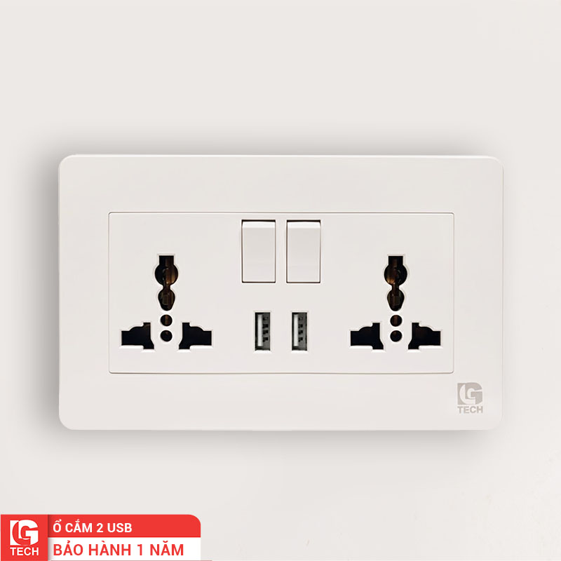 Ổ cắm điện size EU tràn viền có cổng sạc USB kết hợp công tắc an toàn, màu trắng LG Tech mã LG-AB-K1-153