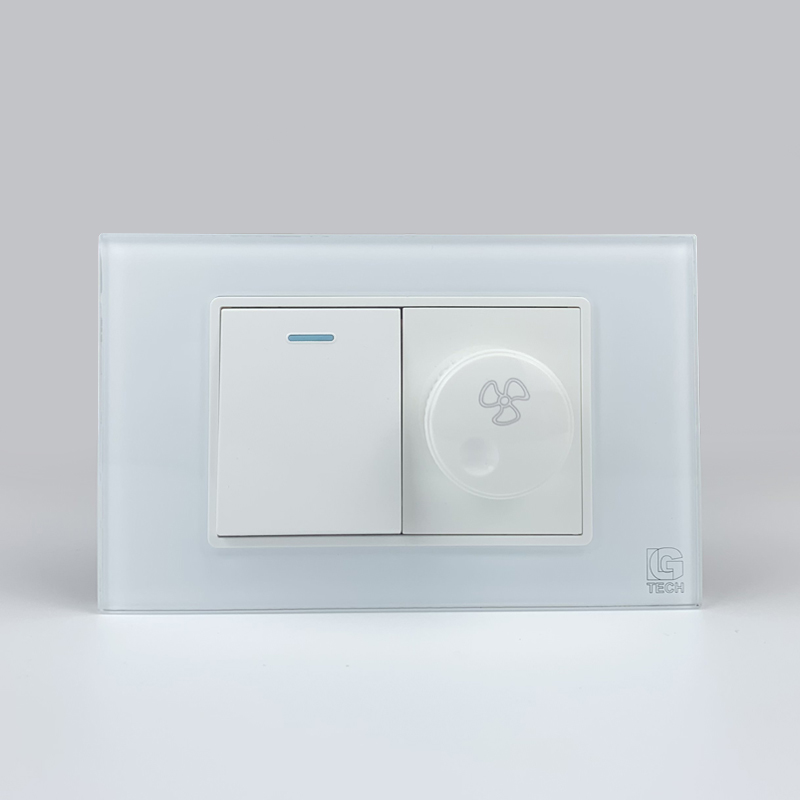 Mô đun công tắc đơn 1 chiều và công tắc quạt, size 36mm viền kính màu trắng LG Tech 1 Mô đun công tắc đơn 1 chiều và công tắc quạt, size 36mm viền kính màu trắng LG Tech
