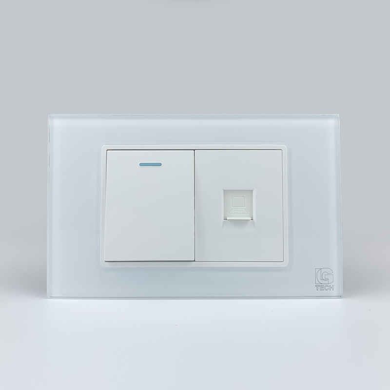 Mô đun công tắc đơn 1 chiều và ổ mạng LAN CAT5, size 36mm viền kính màu trắng LG Tech 1 Mô đun công tắc đơn 1 chiều và ổ mạng LAN CAT5, size 36mm viền kính màu trắng LG Tech