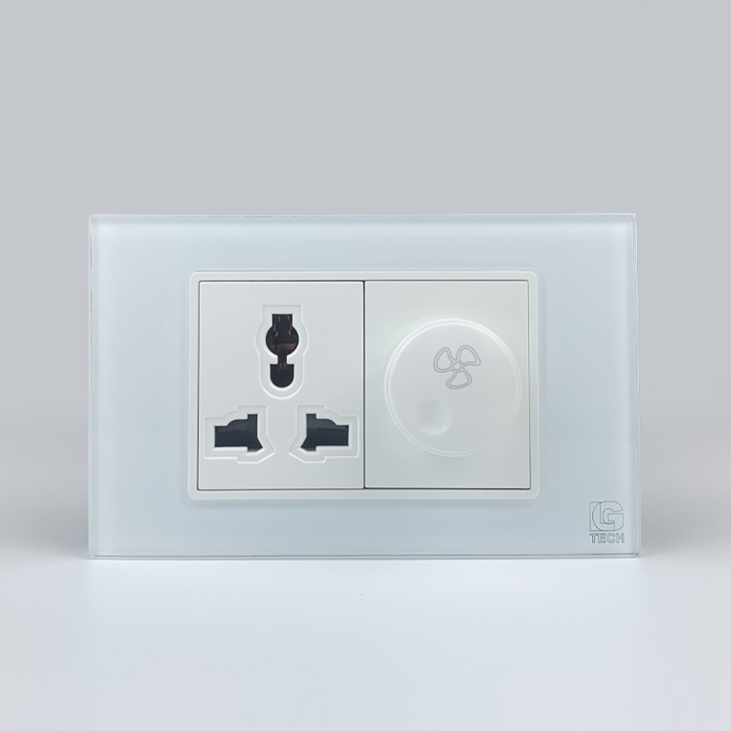 Mô đun ổ cắm 3 chấu và công tắc quạt, size 36mm viền kính màu trắng LG Tech 1 Mô đun ổ cắm 3 chấu và công tắc quạt, size 36mm màu trắng LG Tech