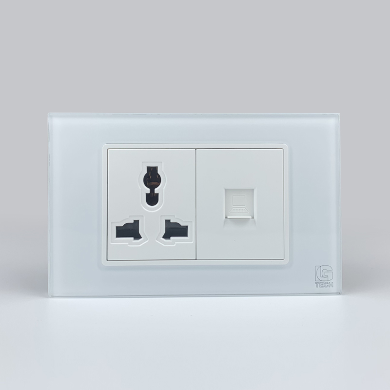 Mô đun ổ cắm 3 chấu và ổ cắm mạng LAN CAT5, size 36mm viền kính màu trắng LG Tech 1 Mô đun ổ cắm 3 chấu và ổ cắm mạng LAN CAT5, size 36mm viền kính màu trắng LG Tech