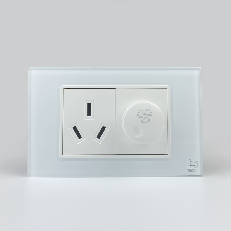 Mô đun ổ cắm chân chim và công tắc quạt, size 36mm viền kính màu trắng LG Tech 1 Mô đun ổ cắm chân chim và công tắc quạt, size 36mm viền kính màu trắng LG Tech