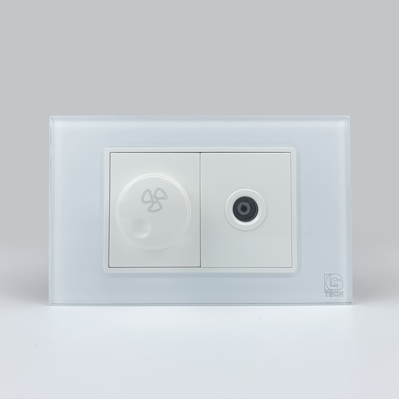 Mô đun công tắc quạt và ổ cắm tivi, size 36mm viền kính màu trắng LG Tech 1 Mô đun công tắc quạt và ổ cắm tivi, size 36mm viền kính màu trắng LG Tech
