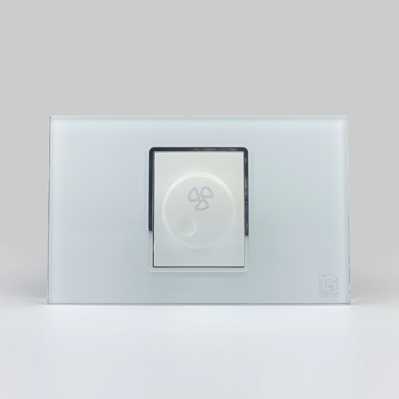 Mô đun công tắc quạt, size 36mm viền kính màu trắng LG Tech 1 Mô đun công tắc quạt, size 36mm viền kính màu trắng LG Tech