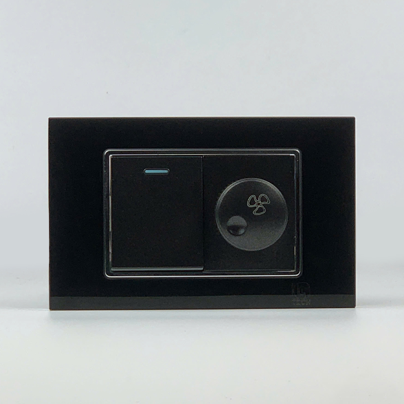 Mô đun công tắc đơn 2 chiều và công tắc quạt, size 36mm viền kính màu đen LG Tech 1 Mô đun công tắc đơn 2 chiều và công tắc quạt, size 36mm viền kính màu đen LG Tech