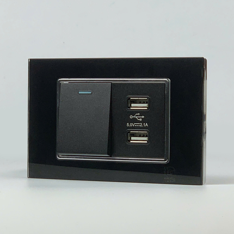 Mô đun công tắc đơn 2 chiều và ổ cắm USB 2 cổng, size 36mm viền kính màu đen LG Tech 2 Mô đun công tắc đơn 2 chiều và ổ cắm USB 2 cổng, size 36mm viền kính màu đen LG Tech