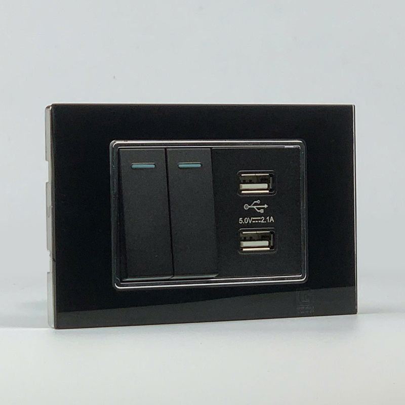 Mô đun công tắc đôi 2 chiều và ổ cắm USB 2 cổng, size 36mm viền kính màu đen LG Tech 2 Mô đun công tắc đôi 2 chiều và ổ cắm USB 2 cổng, size 36mm viền kính màu đen LG Tech