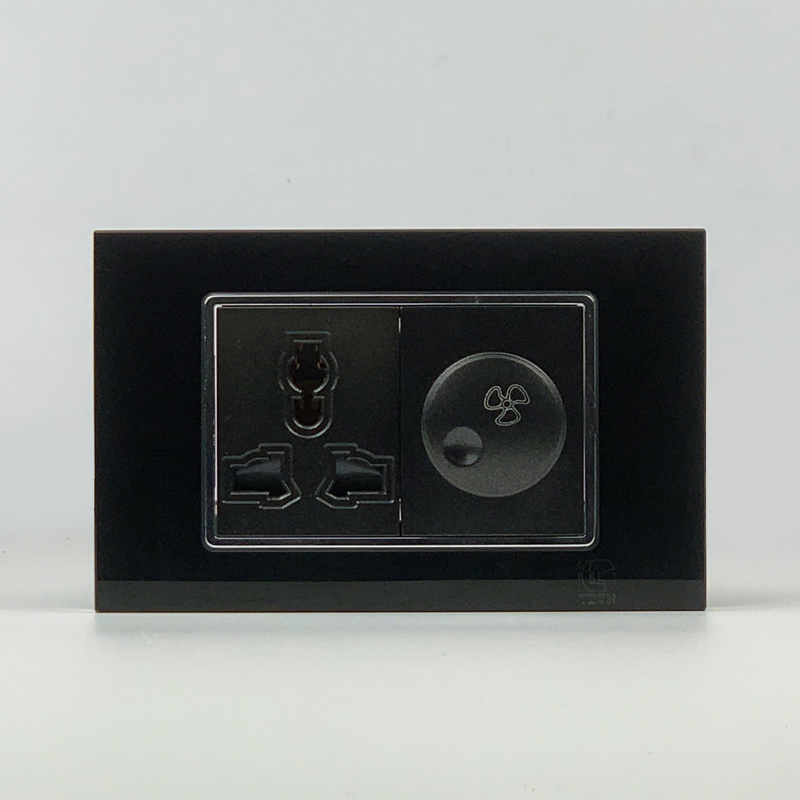 Mô đun ổ cắm 3 chấu và công tắc quạt, size 36mm viền kính màu đen LG Tech 1 Mô đun ổ cắm 3 chấu và công tắc quạt, size 36mm viền kính màu đen LG Tech