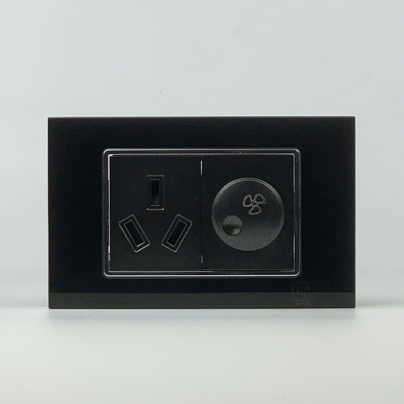 Mô đun ổ cắm chân chim và công tắc quạt, size 36mm viền kính màu đen LG Tech 1 Mô đun ổ cắm chân chim và công tắc quạt, size 36mm viền kính màu đen LG Tech