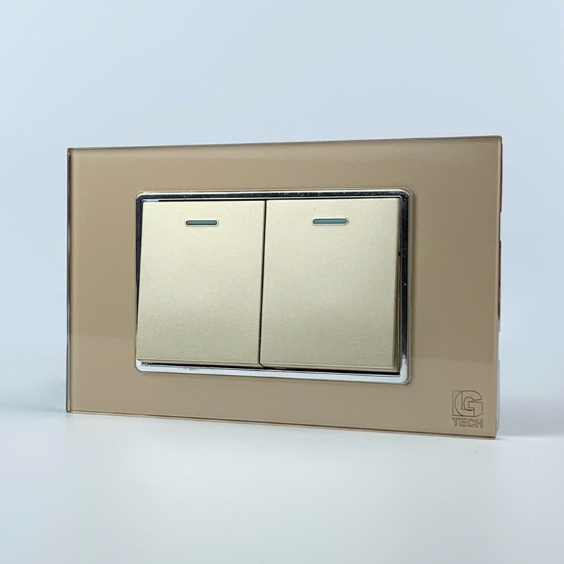 Mô đun công tắc đơn 1 chiều và 2 chiều, size 36mm viền kính màu gold LG Tech 2 Mô đun công tắc đơn 1 chiều và 2 chiều, size 36mm viền kính màu gold LG Tech