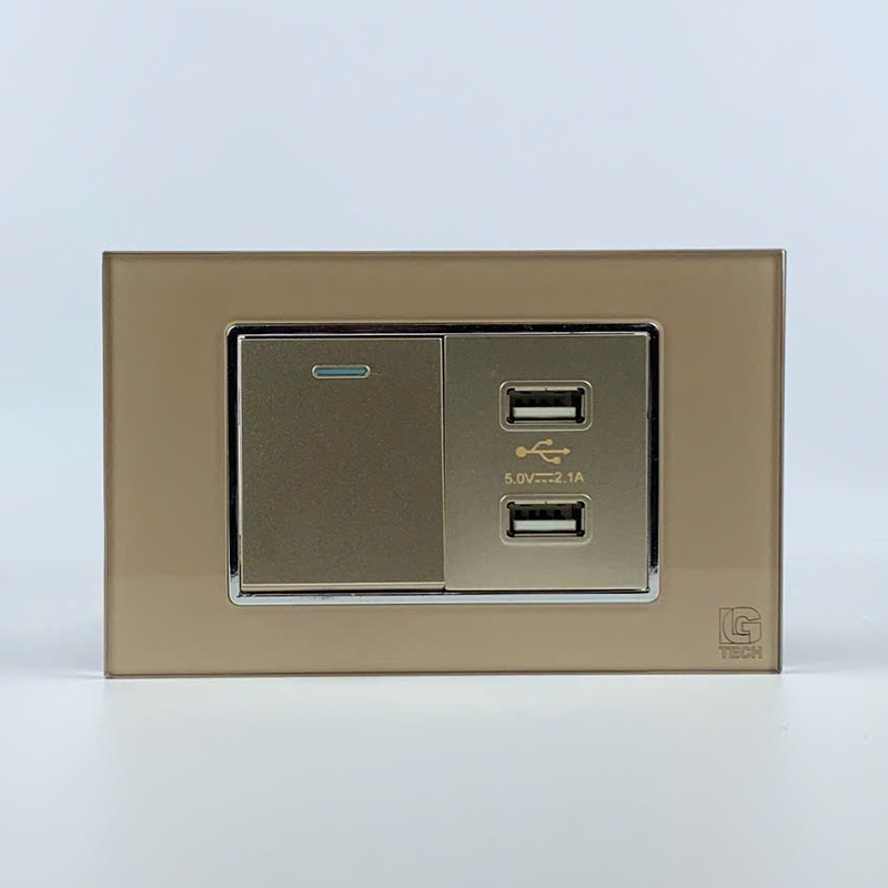 Mô đun công tắc đơn 1 chiều và ổ cắm 2 cổng USB, size 36mm viền kính màu gold LG Tech 1 Mô đun công tắc đơn 1 chiều và ổ cắm 2 cổng USB, size 36mm viền kính màu gold LG Tech