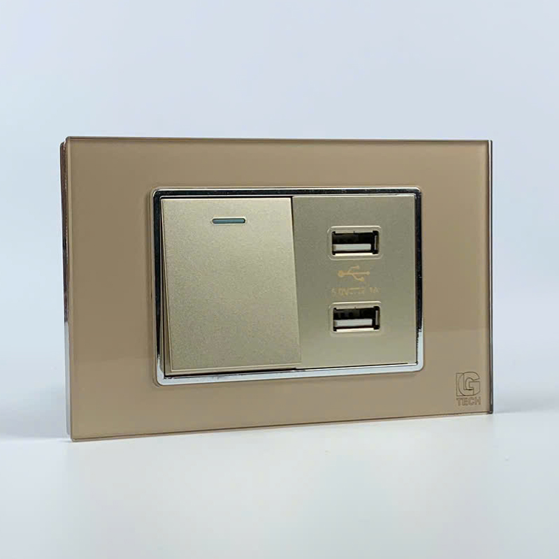 Mô đun công tắc đơn 1 chiều và ổ cắm 2 cổng USB, size 36mm viền kính màu gold LG Tech 2 Mô đun công tắc đơn 1 chiều và ổ cắm 2 cổng USB, size 36mm viền kính màu gold LG Tech