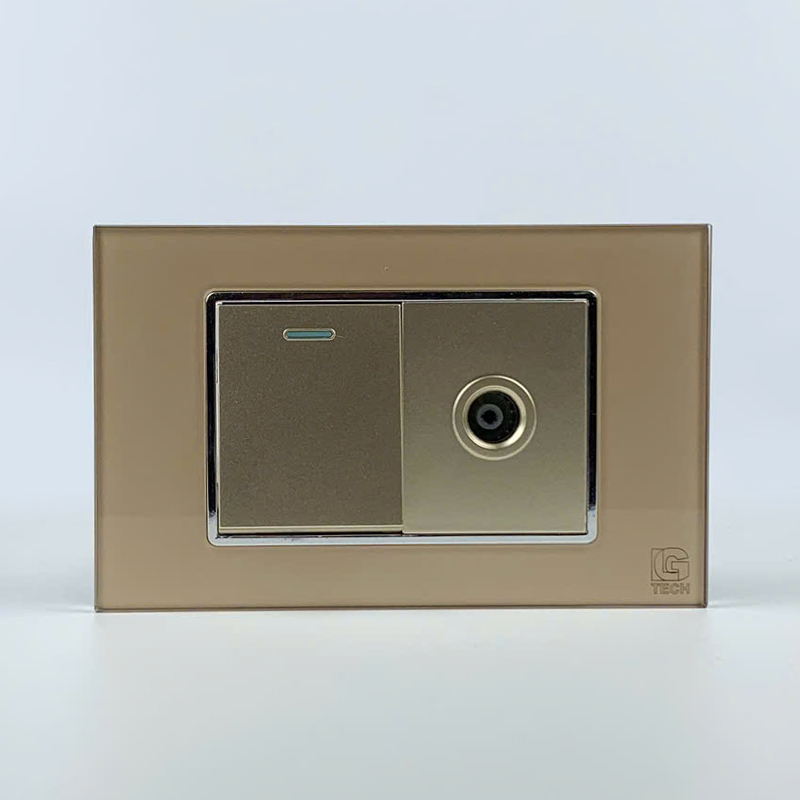 Mô đun công tắc đơn 1 chiều và ổ cắm tivi, size 36mm viền kính màu gold LG Tech 1 Mô đun công tắc đơn 1 chiều và ổ cắm tivi, size 36mm viền kính màu gold LG Tech