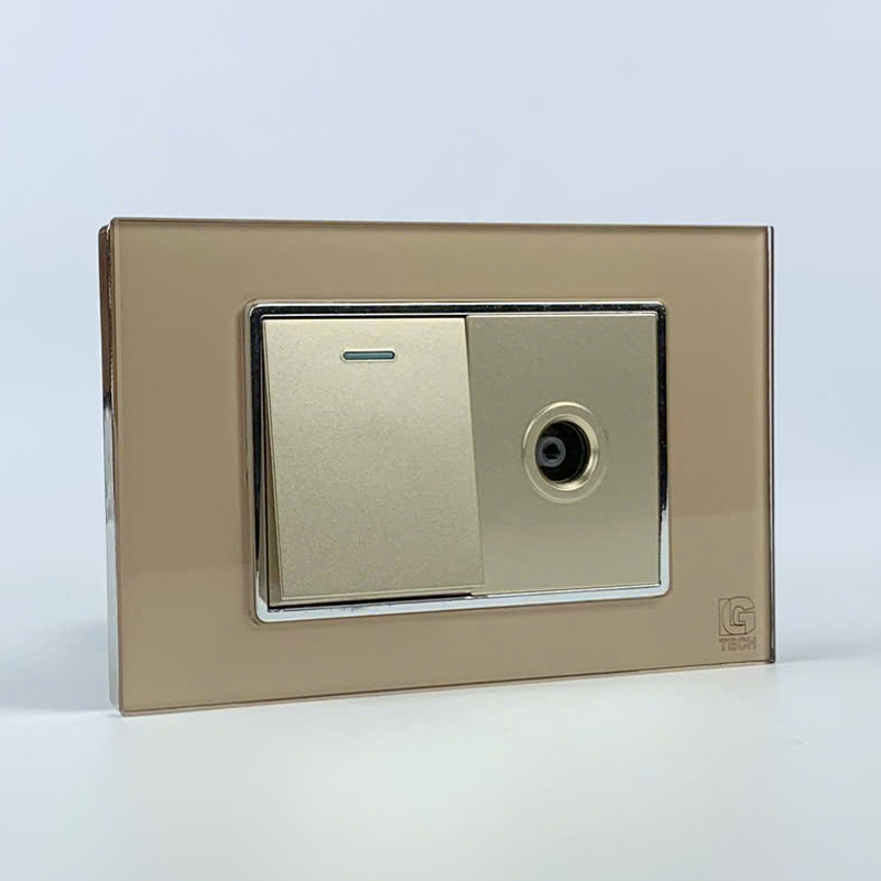 Mô đun công tắc đơn 1 chiều và ổ cắm tivi, size 36mm viền kính màu gold LG Tech 2 Mô đun công tắc đơn 1 chiều và ổ cắm tivi, size 36mm viền kính màu gold LG Tech