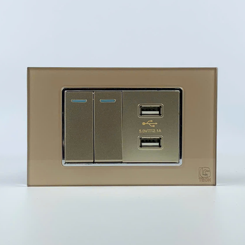 Mô đun công tắc đôi 2 chiều và ổ cắm USB 2 cổng, size 36mm viền kính màu gold LG Tech 1 Mô đun công tắc đôi 2 chiều và ổ cắm USB 2 cổng, size 36mm viền kính màu gold LG Tech