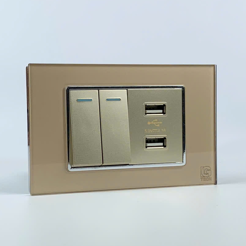 Mô đun công tắc đôi 2 chiều và ổ cắm USB 2 cổng, size 36mm viền kính màu gold LG Tech 2 Mô đun công tắc đôi 2 chiều và ổ cắm USB 2 cổng, size 36mm viền kính màu gold LG Tech
