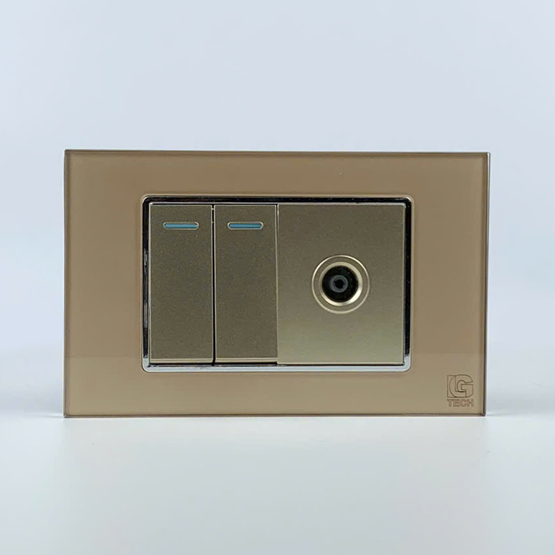 Mô đun công tắc đôi 2 chiều và ổ cắm tivi, size 36mm viền kính màu gold LG Tech 1 Mô đun công tắc đôi 2 chiều và ổ cắm tivi, size 36mm viền kính màu gold LG Tech