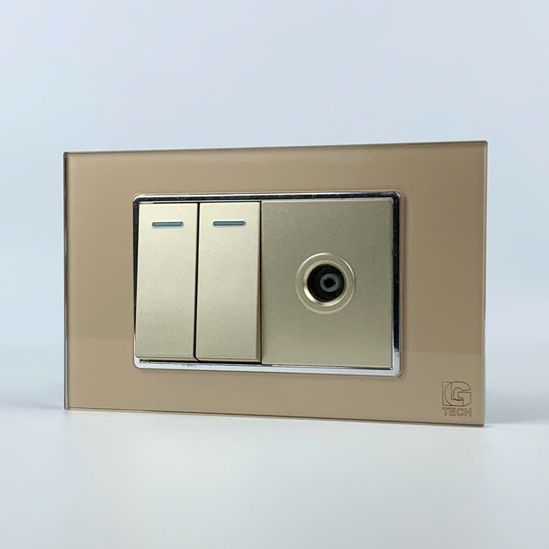 Mô đun công tắc đôi 2 chiều và ổ cắm tivi, size 36mm viền kính màu gold LG Tech 2 Mô đun công tắc đôi 2 chiều và ổ cắm tivi, size 36mm viền kính màu gold LG Tech