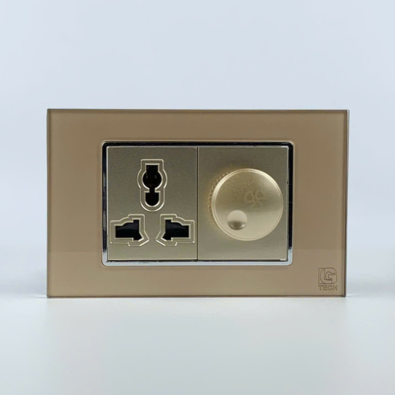 Mô đun ổ cắm 3 chấu và công tắc quạt, size 36mm viền kính màu gold LG Tech 1 Mô đun ổ cắm 3 chấu và công tắc quạt, size 36mm viền kính màu gold LG Tech