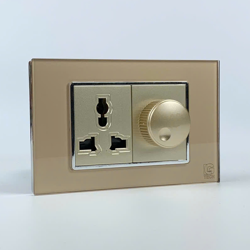 Mô đun ổ cắm 3 chấu và công tắc quạt, size 36mm viền kính màu gold LG Tech 2 Mô đun ổ cắm 3 chấu và công tắc quạt, size 36mm viền kính màu gold LG Tech