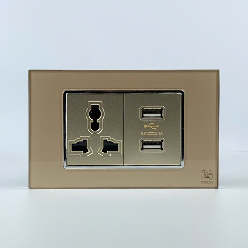 Mô đun ổ cắm 3 chấu và ổ cắm 2 USB, size 36mm viền kính màu gold LG Tech 1 Mô đun ổ cắm 3 chấu và ổ cắm 2 USB, size 36mm viền kính màu gold LG Tech