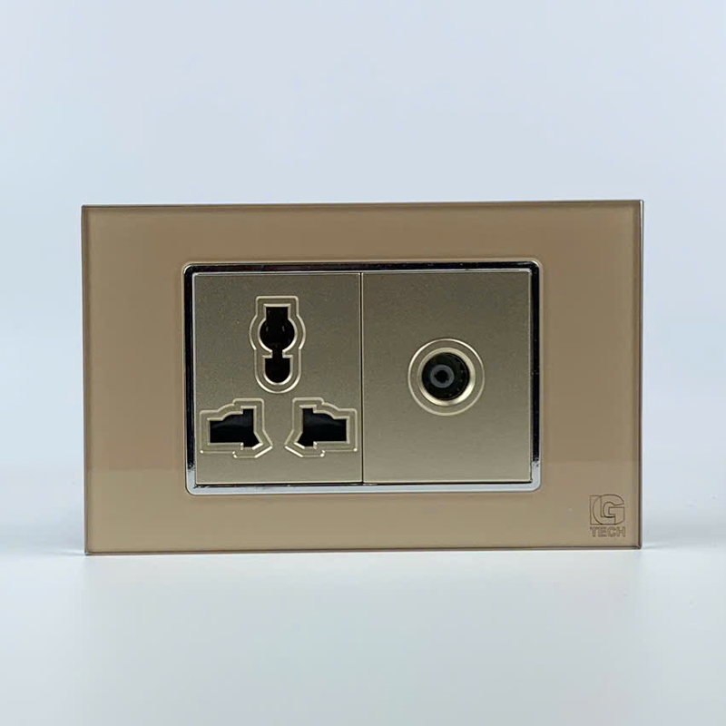 Mô đun ổ cắm 3 chấu và ổ cắm tivi, size 36mm viền kính màu gold LG Tech 1 Mô đun ổ cắm 3 chấu và ổ cắm tivi, size 36mm viền kính màu gold LG Tech