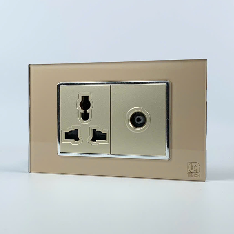 Mô đun ổ cắm 3 chấu và ổ cắm tivi, size 36mm viền kính màu gold LG Tech 2 Mô đun ổ cắm 3 chấu và ổ cắm tivi, size 36mm viền kính màu gold LG Tech