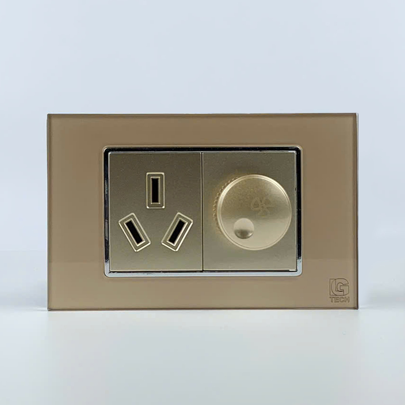 Mô đun ổ cắm chân chim và công tắc quạt, size 36mm viền kính màu gold LG Tech 1 Mô đun ổ cắm chân chim và công tắc quạt, size 36mm viền kính màu gold LG Tech